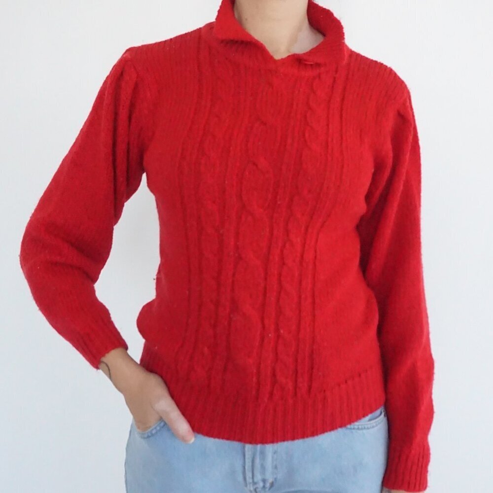 Vintage Prestige Global Red Cable Knit Button Collar Preppy Knit Sweater S